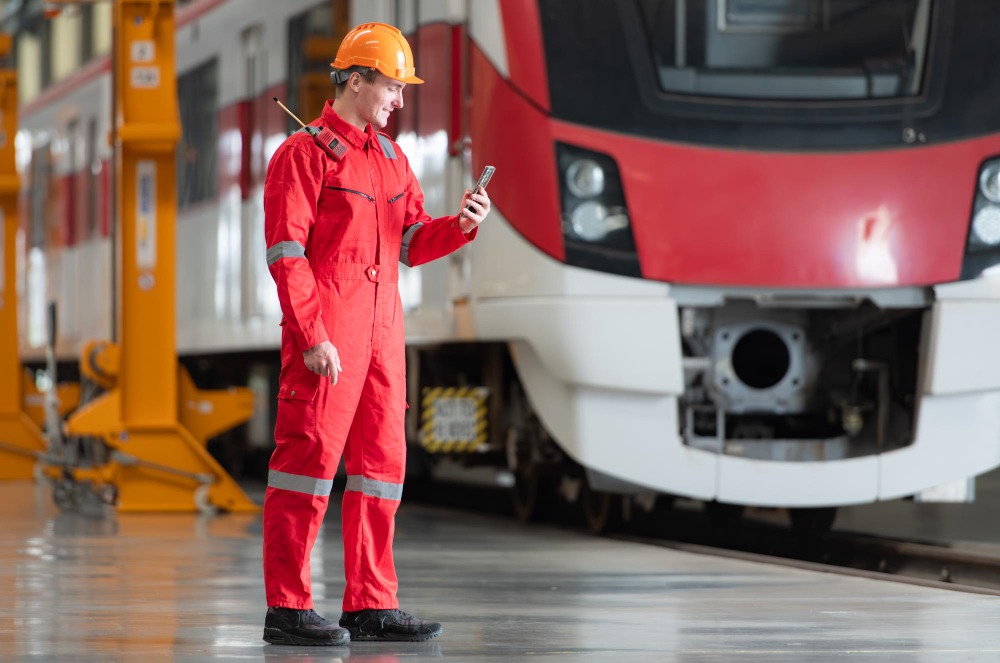 Railway operator holding a tablet with a train in the background.