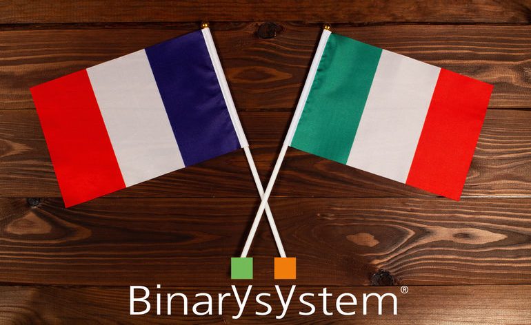 French and Italian flags crossed upon the Binary System's logo.